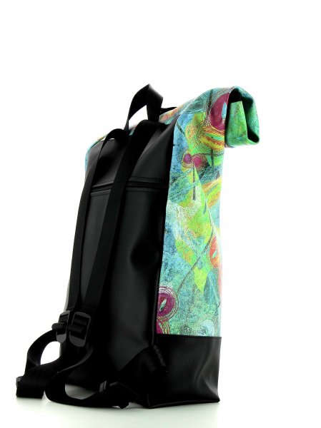 Roll backpack Riffian Silvester turquoise, green, pink, orange, dots, lines, patchwork